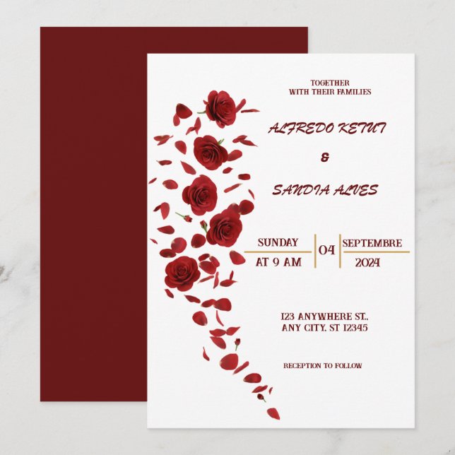 elegant Burgundy Crimson Flowers Wedding Invitatio Invitation (Front/Back)