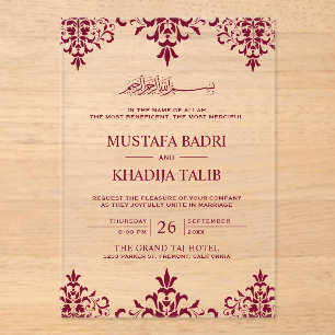 Elegant Burgundy Damask Islamic Wedding Acrylic Invitations