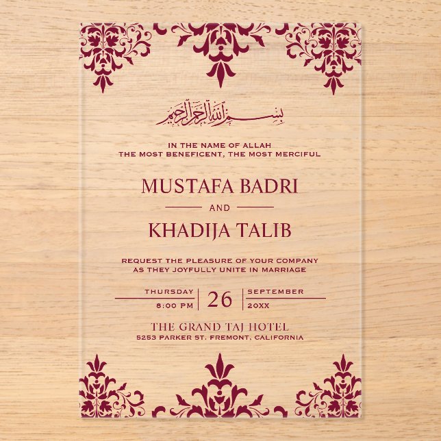 Elegant Burgundy Damask Islamic Wedding Acrylic Invitations (Front)