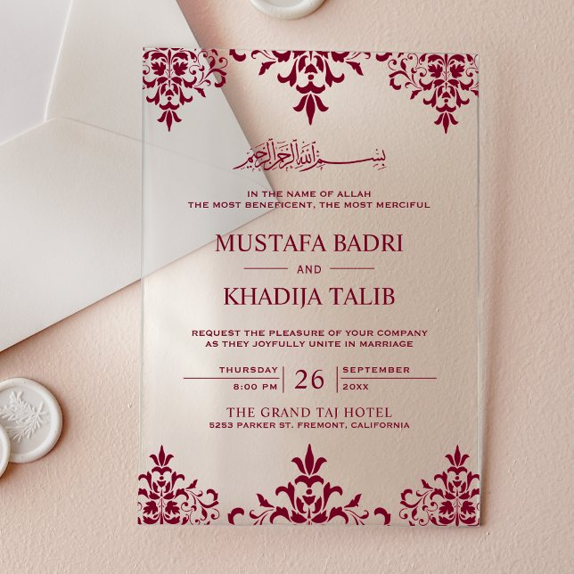 Elegant Burgundy Damask Islamic Wedding Acrylic Invitations (Creator Uploaded)