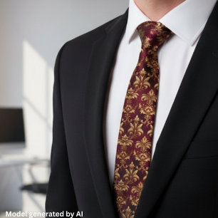 Elegant Burgundy Damask - Vintage Baroque Floral Tie