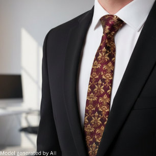 Elegant Burgundy Damask - Vintage Baroque Floral Tie