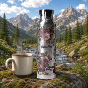 Elegant Burgundy Dark Pink Floral Art silver Water Bottle