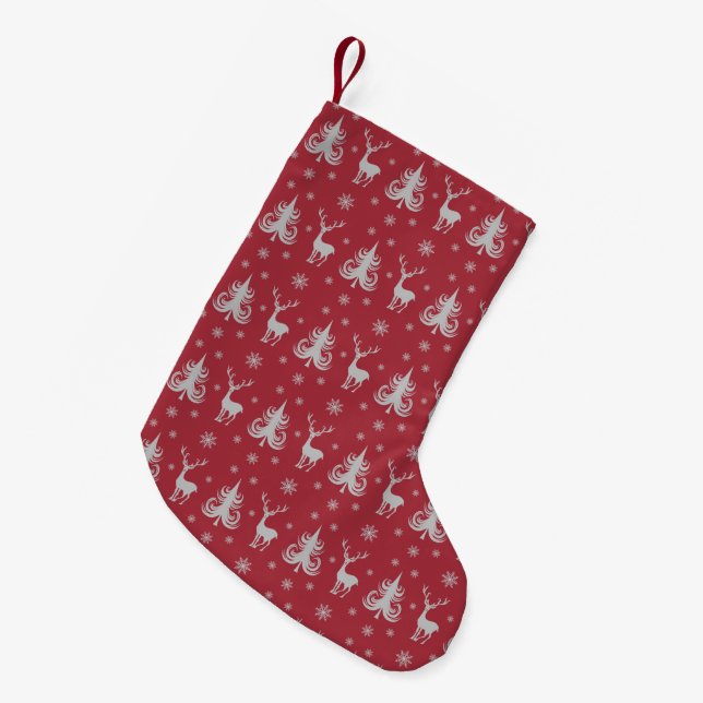 Elegant Burgundy Deer Pattern Small Christmas Stocking (Front (Hanging))