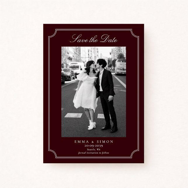Elegant Burgundy Double Frame Photo Save the Date Thank You Card (Creator Uploaded)
