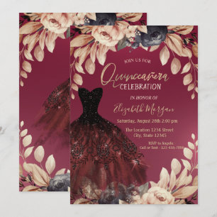 Elegant Burgundy Dress Floral Quinceañera Invitation