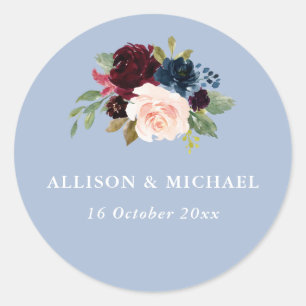 Elegant burgundy dusty blue floral wedding sticker
