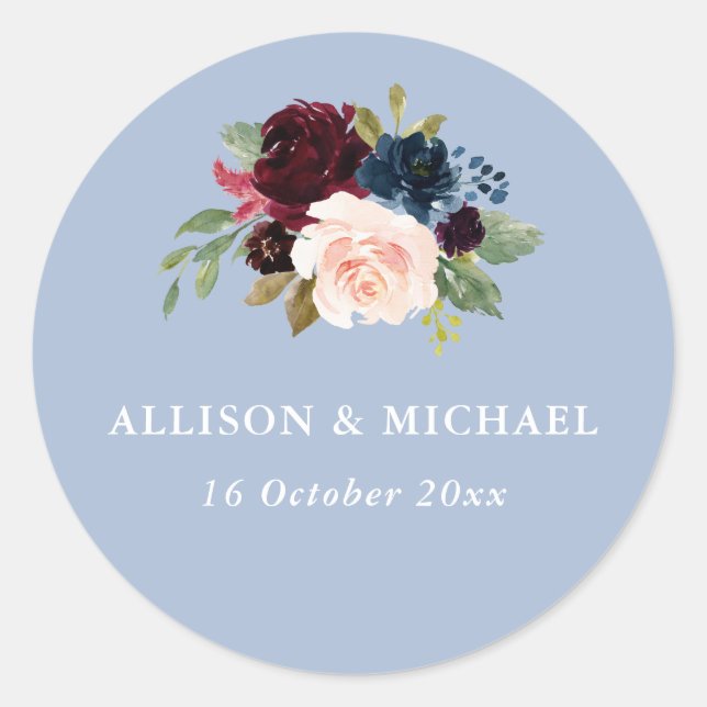 Elegant burgundy dusty blue floral wedding sticker (Front)