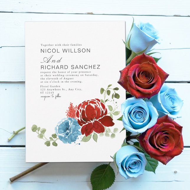 Elegant Burgundy Dusty Blue Floral Winter Wedding  Invitation (Creator Uploaded)