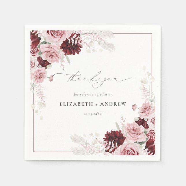 Elegant Burgundy Dusty Rose Watercolor Wedding Napkin (Front)
