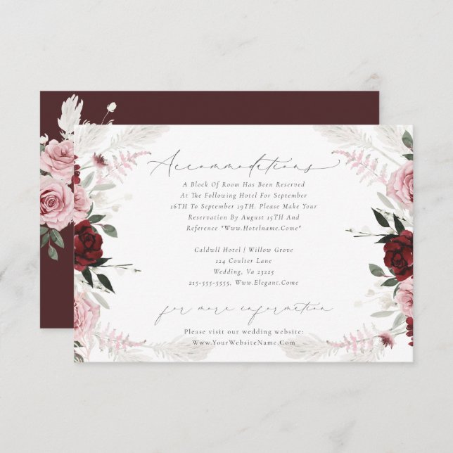 Elegant Burgundy Dusty Rose Wedding Accommodation  Enclosure Card (Front/Back)