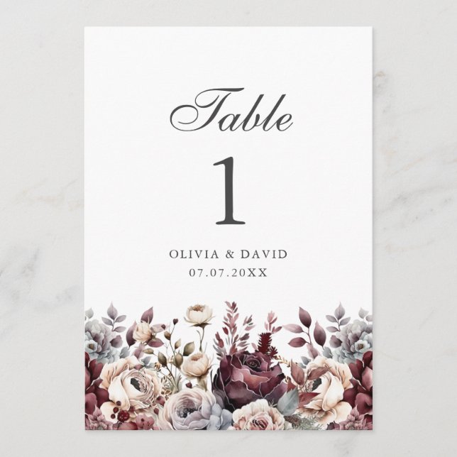 Elegant Burgundy & Dusty Rose Wedding Table Number (Front)