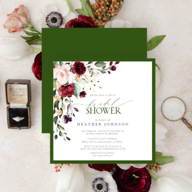 Elegant Burgundy Emerald Green Floral Watercolor   Invitation (Creator Uploaded)