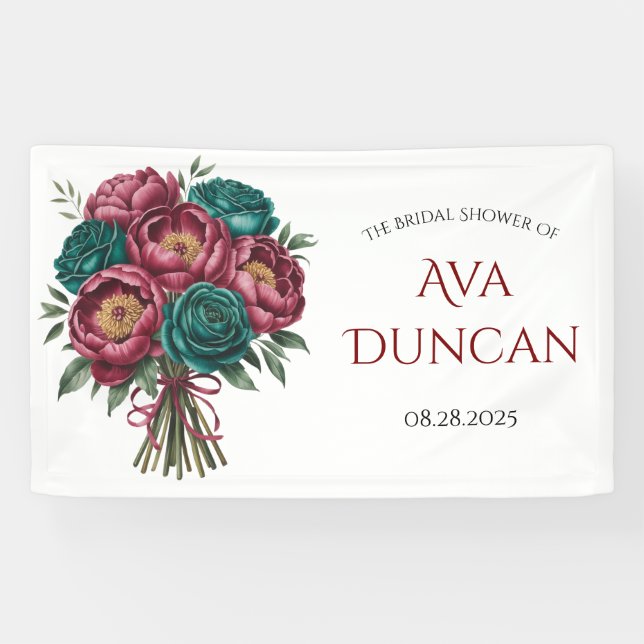 Elegant Burgundy & Emerald Peony Bridal Shower Banner (Horizontal)