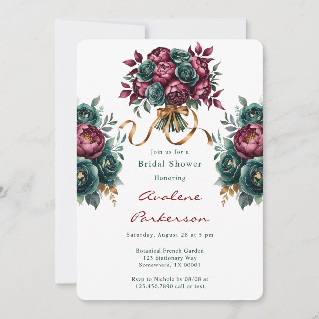 Elegant Burgundy Emerald Peony Bridal Shower Invitation (Front)