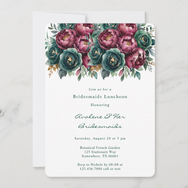 Elegant Burgundy Emerald Peony Bridesmaids Lunch Invitation (Front)
