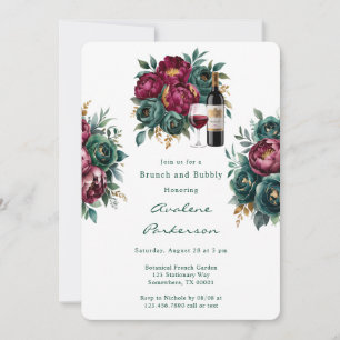 Elegant Burgundy Emerald Peony Brunch and Bubbly Invitation