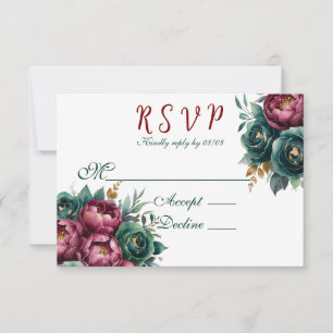 Elegant Burgundy Emerald Peony Gold Trim Wedding RSVP Card