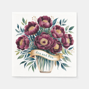 Elegant Burgundy & Emerald Peony with Gold Accent Napkin