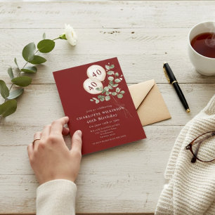 Elegant Burgundy Eucalyptus "40th" Birthday Party Invitation