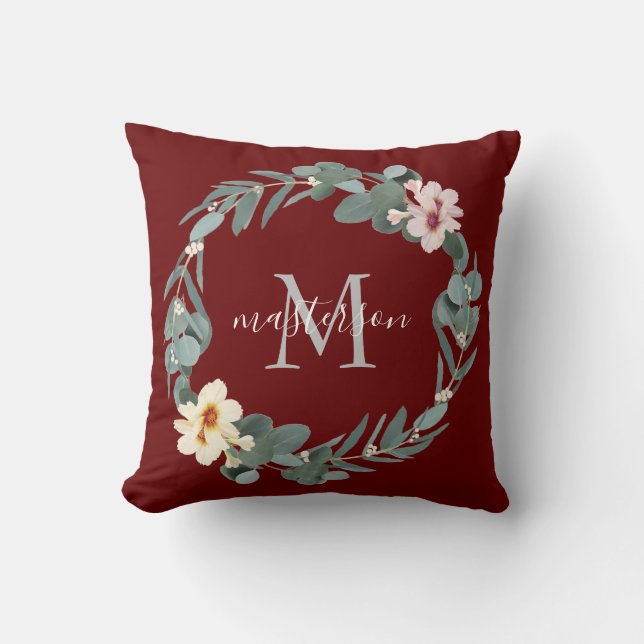 Elegant Burgundy Eucalyptus Floral Monogram Cushion (Front)