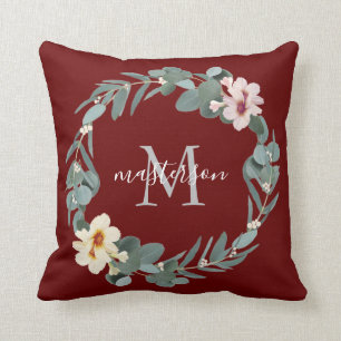 Elegant Burgundy Eucalyptus Floral Monogram Cushion