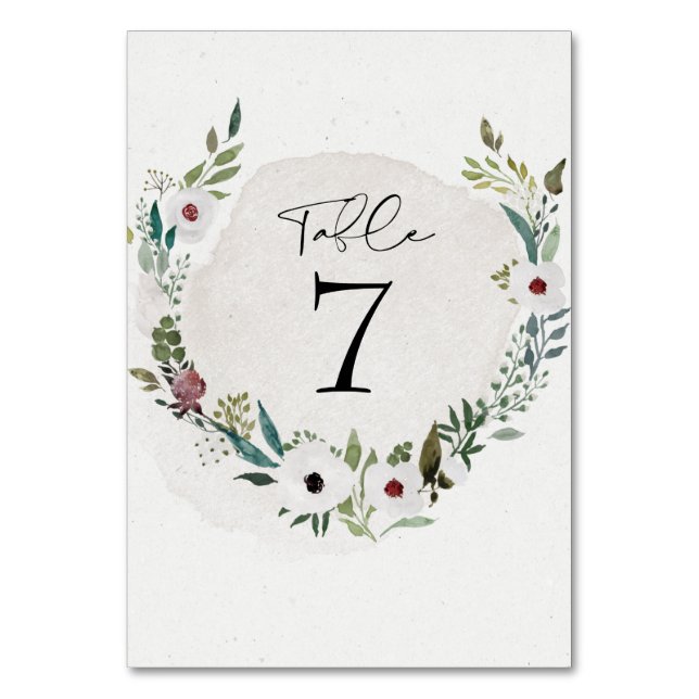 Elegant Burgundy Eucalyptus Greenery Wedding Table Number (Front)