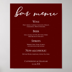 Elegant Burgundy Evening Wedding Bar Menu Poster