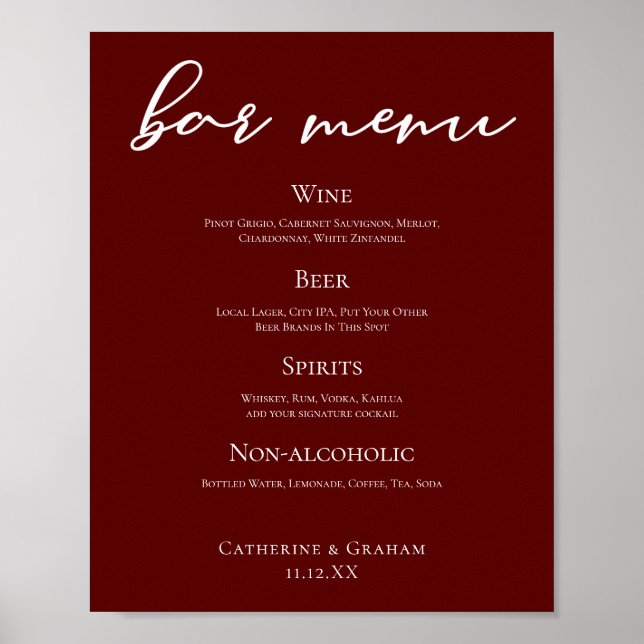 Elegant Burgundy Evening Wedding Bar Menu Poster (Front)
