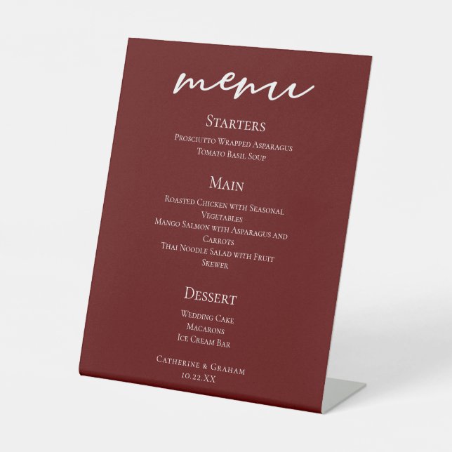 Elegant Burgundy Evening Wedding Dinner Menu Pedestal Sign (Front)