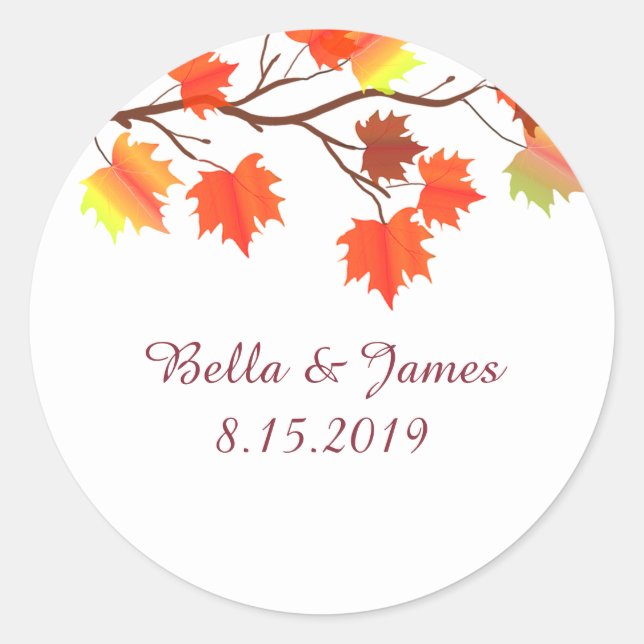 Elegant Burgundy Fall Leaf Wedding Stickers (Front)
