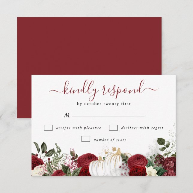 Elegant Burgundy Fall Pumpkin Wedding RSVP Card (Front/Back)