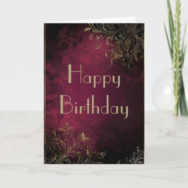 Elegant Burgundy & Faux Gold Birthday Card (Front)