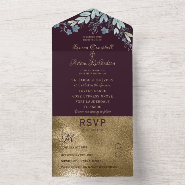 Elegant Burgundy & Faux Gold Wedding All In One Invitation (Inside)