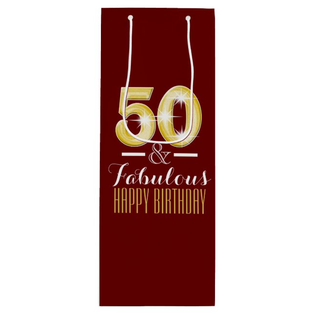 Elegant burgundy faux gold white 50th birthday men wine gift bag (Front)