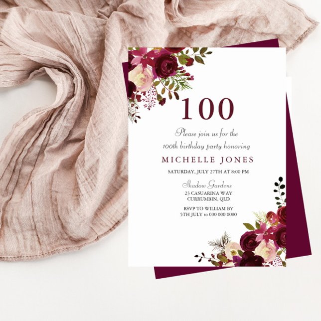 Elegant Burgundy Floral 100th Birthday Invitation (Creator Uploaded)