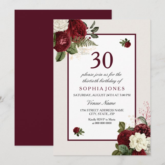 Elegant Burgundy Floral 30th Birthday Party Invitation (Front/Back)