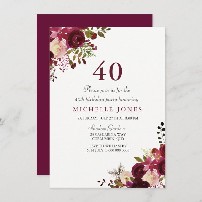 Elegant Burgundy Floral 40th Birthday Invitation (Front/Back)