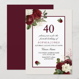 Elegant Burgundy Floral 40th Birthday Party Invitation