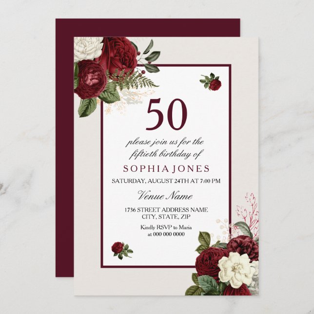 Elegant Burgundy Floral 50th Birthday Party Invitation (Front/Back)