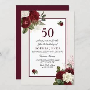 Elegant Burgundy Floral 50th Birthday Party Invitation