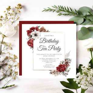 Elegant Burgundy Floral 50th Birthday Tea Party Invitation