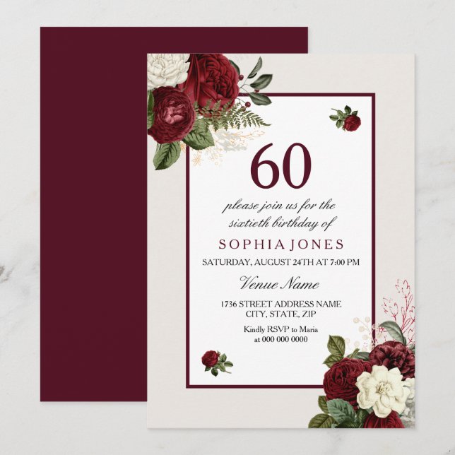 Elegant Burgundy Floral 60th Birthday Party Invitation (Front/Back)
