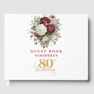 Elegant Burgundy Floral 80th Birthday Guest Book