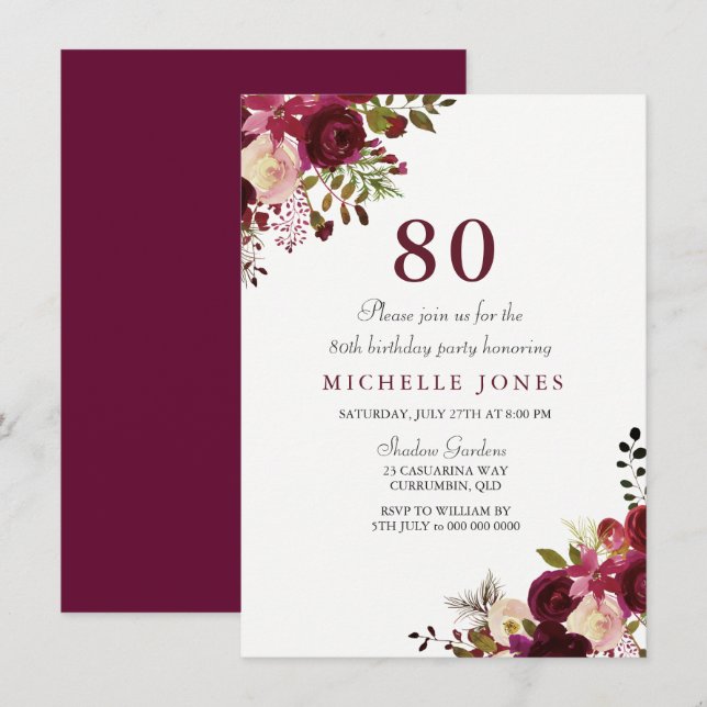 Elegant Burgundy Floral 80th Birthday Invitation (Front/Back)