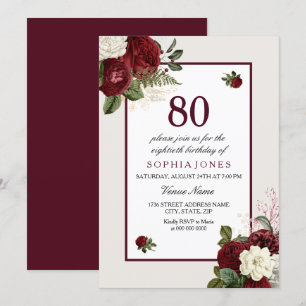 Elegant Burgundy Floral 80th Birthday Party Invitation