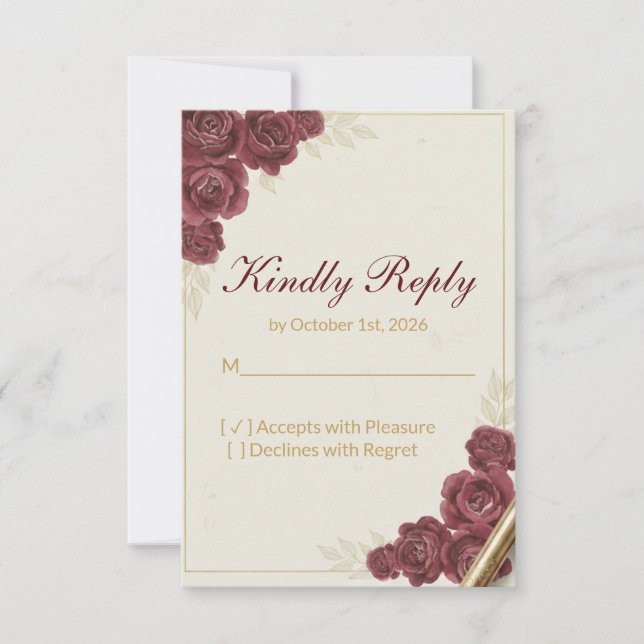 Elegant Burgundy Floral and Gold Wedding RSVP Card (Front)