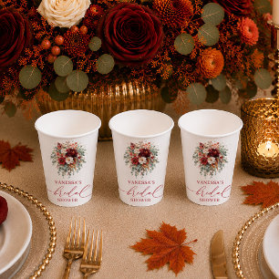 Elegant burgundy floral autumn bridal shower paper cups