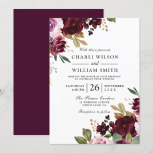 Elegant Burgundy Floral Autumn Fall Spring Wedding Invitation
