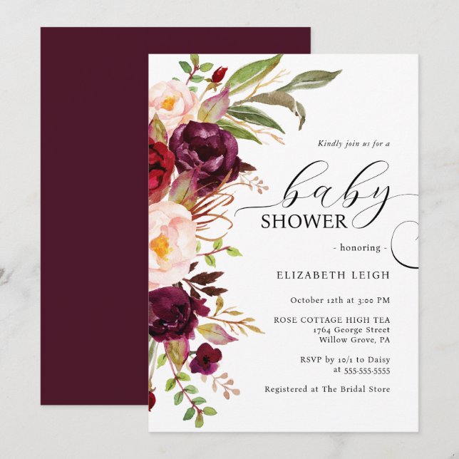 Elegant Burgundy Floral Baby Shower Invitation  (Front/Back)